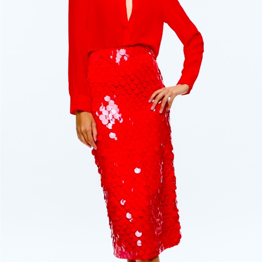 Alice And Olivia FIFI PAILLETTE MIDI SKIRT. Red Sequin Size 6.